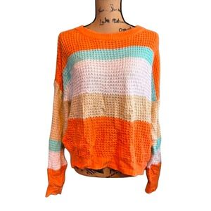 Maison Mascallier Womens Striped Cozy Winter Knit Pullover Sweater Orange Medium